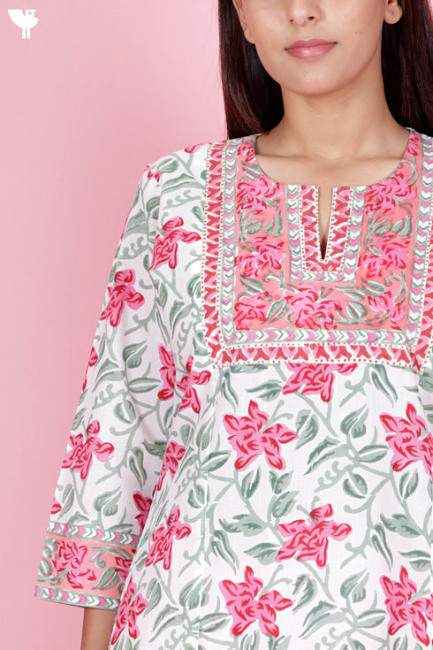 Cotton Kurta Pant Set With Dupatta In Block Print